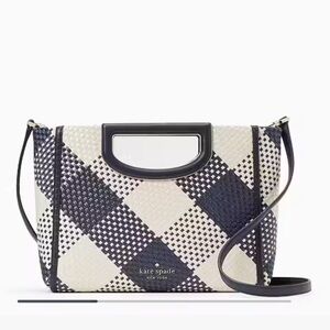 NWOT Kate Spade Alexia Gingham Wovan Navy/White Straw Crossbody Clutch